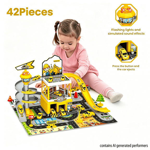 Kids Parking Garage Playset with Car Track for Boys Girls 3-5 Years Christmas Birthday Gifts-Yellow