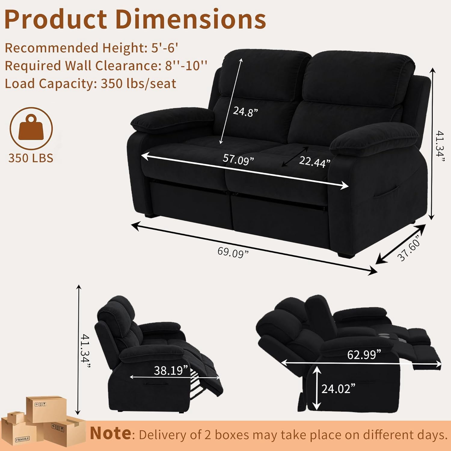 Electric Reclining Loveseat Sofa with 8-Point Vibration Massage, Bluetooth Speakers, Storage Console and Cup Holders for Living Room & Home Theater(Black, Loveseat)