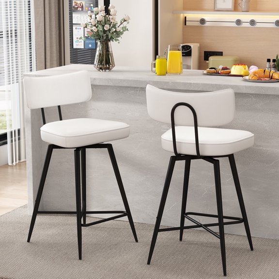 Ninecer Bar Stools Set of 2, Kitchen Counter stools with Backs and Metal Legs, 26" White Leather Swivel Barstools for Counter Height