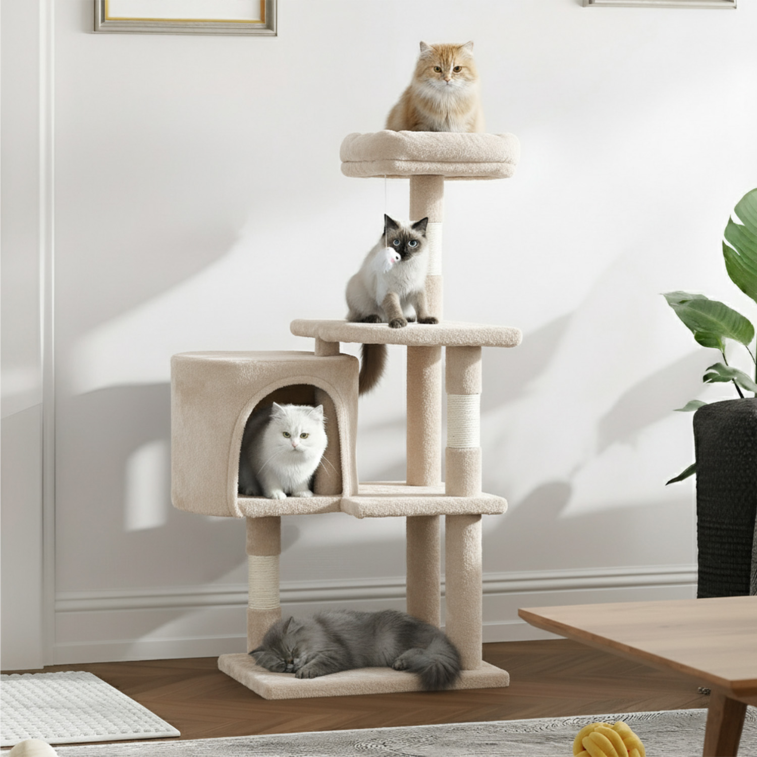 BestPet Cat Tree 37" Tall Cat Tower Kitten with Scratching Posts and Perches Indoor Activity Center for Cats (Beige)