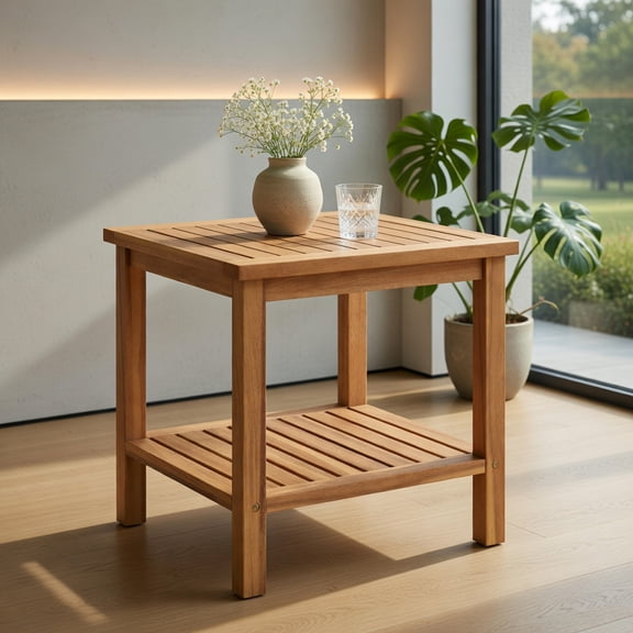 Resenkos Patio Acacia Wood Side Table with Slatted Tabletop, 2-Tier Outdoor Accent Table for Porch Garden Poolside, Natural