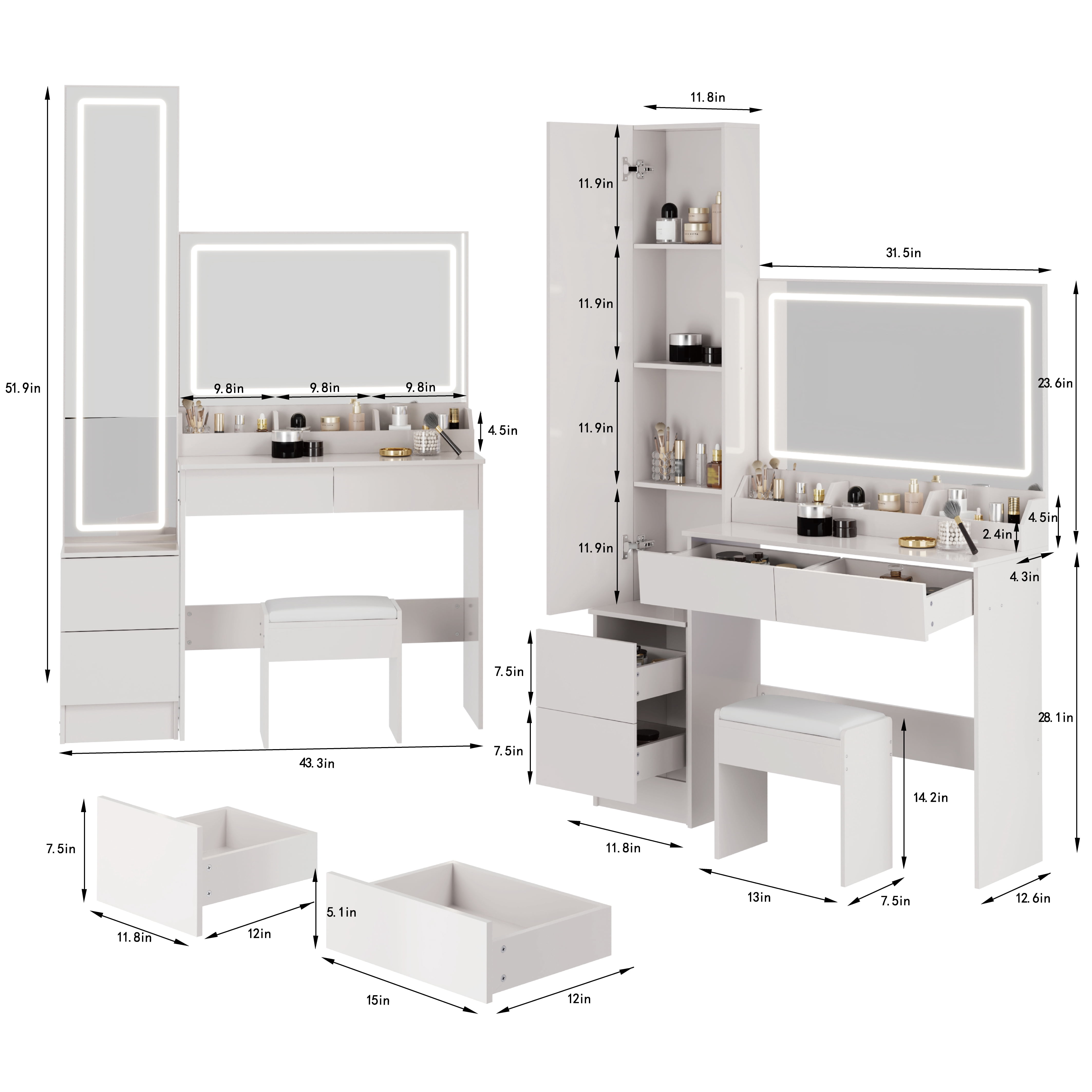 Leumius Smart Makeup Vanity Set with 3 Color Lighted Mirror,LED Dressing Mirror Cabinet,Double Large LED Mirror,Multi-layer High Capacity Storage for Bedroom,White