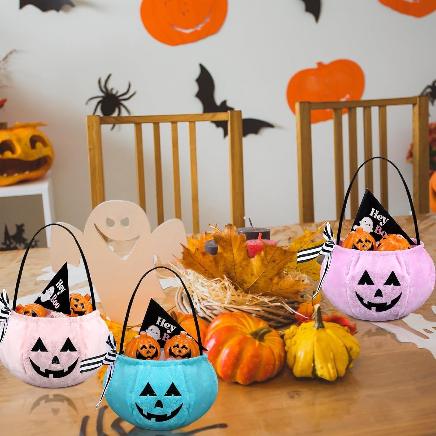 3 Pack Flannel Pumpkin Candy Basket Halloween Boo Basket for Trick or Treat