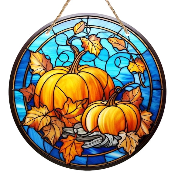 5.9'' Fall Acrylic Stained Pumpkin Decor Window Hanging Ornament, Thanksgiving Pumpkin Maple Leaves Sun Catcher, Lightweight Faux Stained Glass Wall Decor, Ideal for Autumn Thanksgiving Home Decor