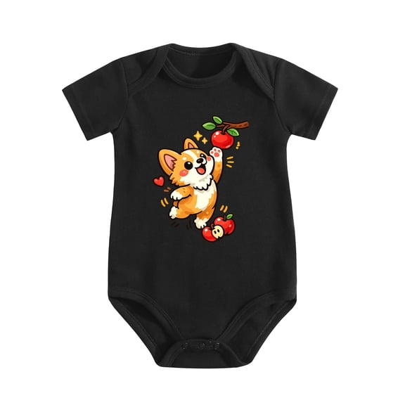 Corgi Puppy Reaching Red Apple Baby Bodysuit, 100% Cotton Short Sleeve Snap Romper, 0-12 Months
