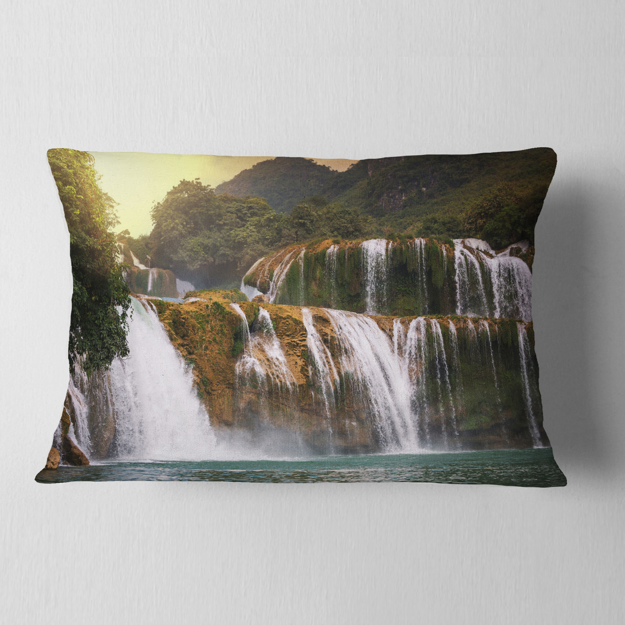 Designart Beautiful Waterfall in Vietnam - Landscape Printed Throw Pillow - 12x20