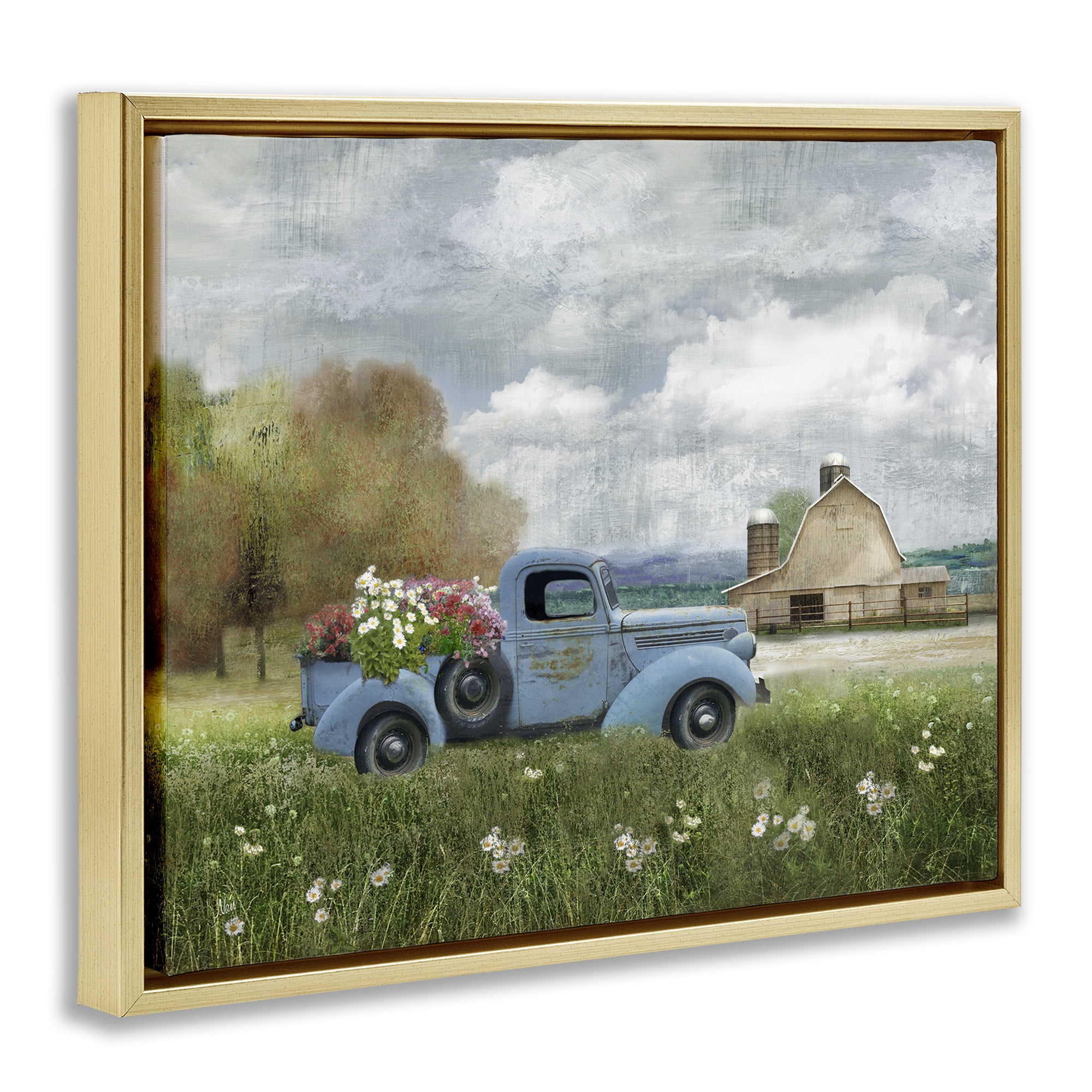Stupell Industries Vintage Blue Truck in Meadow Landscape Painting Gold Floater Framed Canvas Art Print Wall Art, 21 x 17