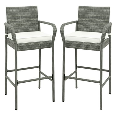 Gymax Set of 2 Rattan Patio Bar Stools Outdoor Bar Height Chairs w/ Cushions