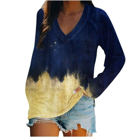 

Ziloco Women Long Sleeve Casual Shirts Pullover Loose Tunic Tops Print V-Neck Blouse 3/1265 sleeve tops for women maternity tops Blue XL