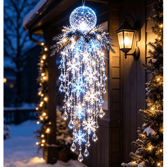 Crystal Cascade Christmas Light, Blue Crystal Ball Hanging Crystal LED Porch Decor for Yard Lawn Christmas Outdoor Display, Solar self-charging