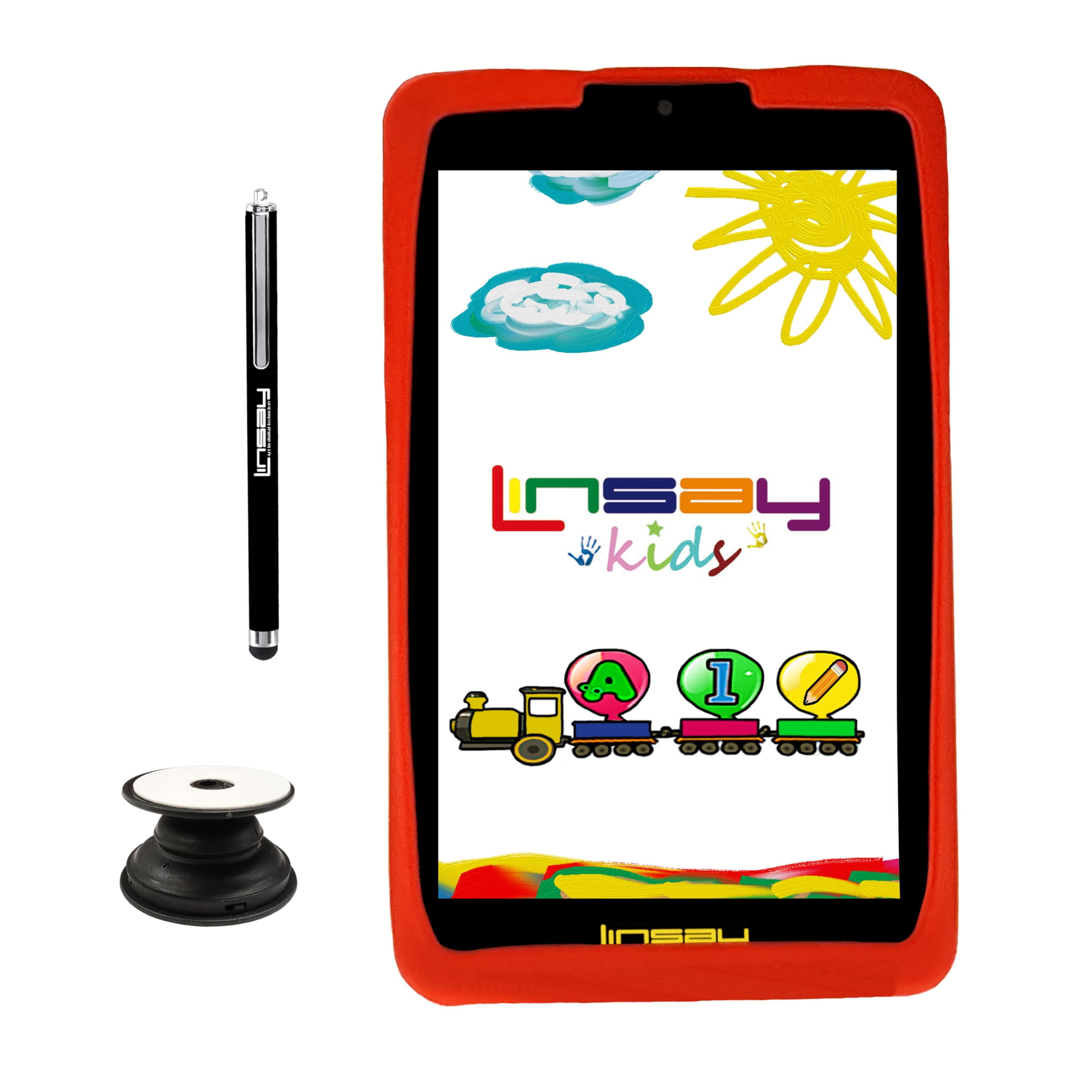 Linsay 7" Kids tablets 2GB RAM 32GB Android 10 Wi-Fi Tablet for Kids, Camera, Apps, Games, Learning Tab for Children with Red Kid-proof Defender Case, Pop Holder and Pen Stylus