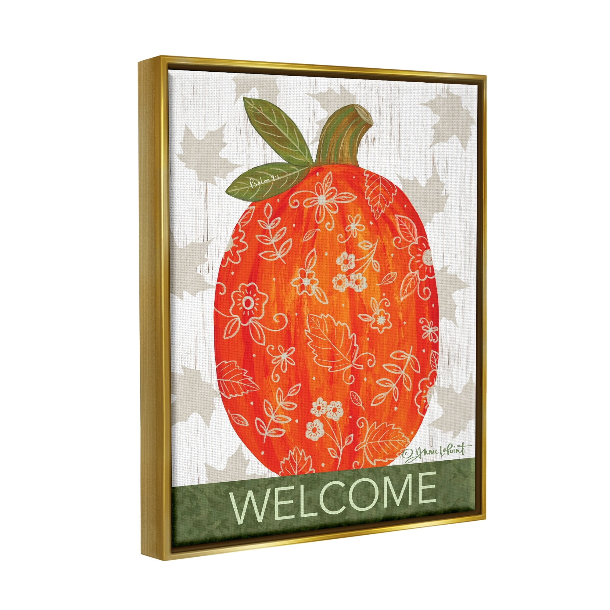 Stupell Industries Patterned Autumn Botanicals Pumpkin Welcome Sign Graphic Art Metallic Gold Floating Framed Canvas Print Wall Art, Design by Annie LaPoint