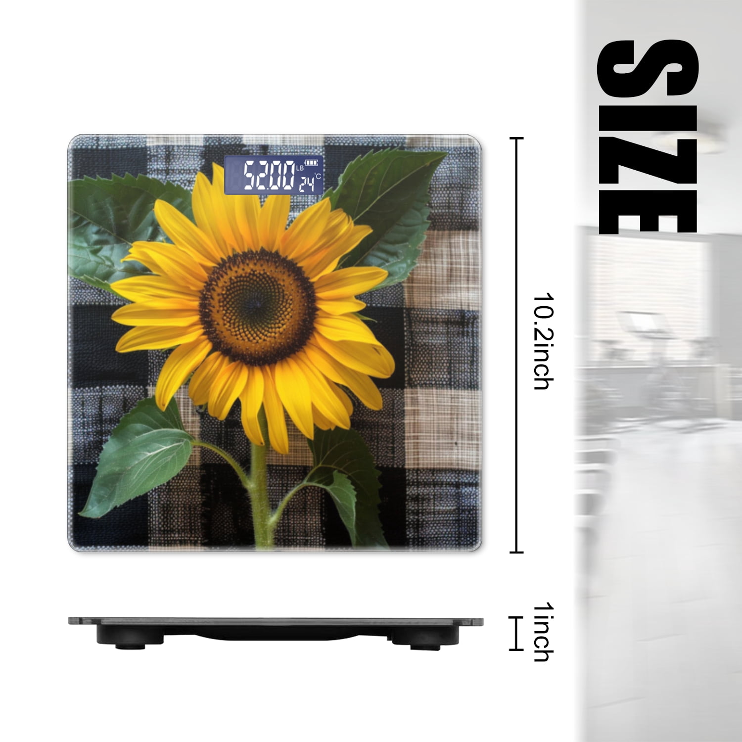 High Precision Body Weight Scale Smart Bathroom Scales with Large LCD Display(400lbs),Decorative for Bedroom-Sunflower On Checkered