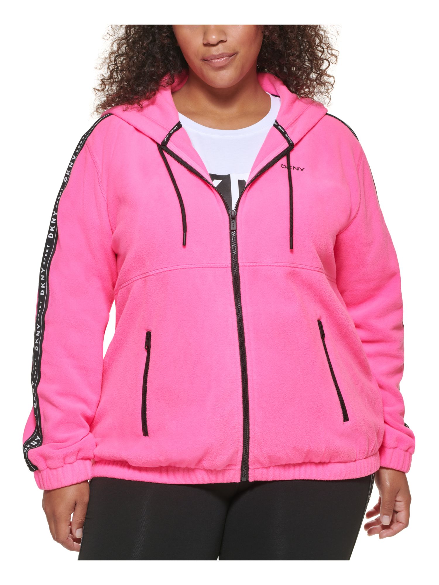 DKNY SPORT Womens Pink Fleece Pocketed Zippered Drawsting Cuffed Sleeve Collarless Active Wear Hoodie Top Plus 2X