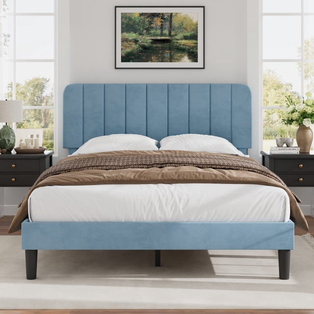 VECELO Queen Size Upholstered Beds, Modern Platform Bed Frame with Adjustable Headboard, Wooden Slats Support/No Box Spring Needed, Light Blue