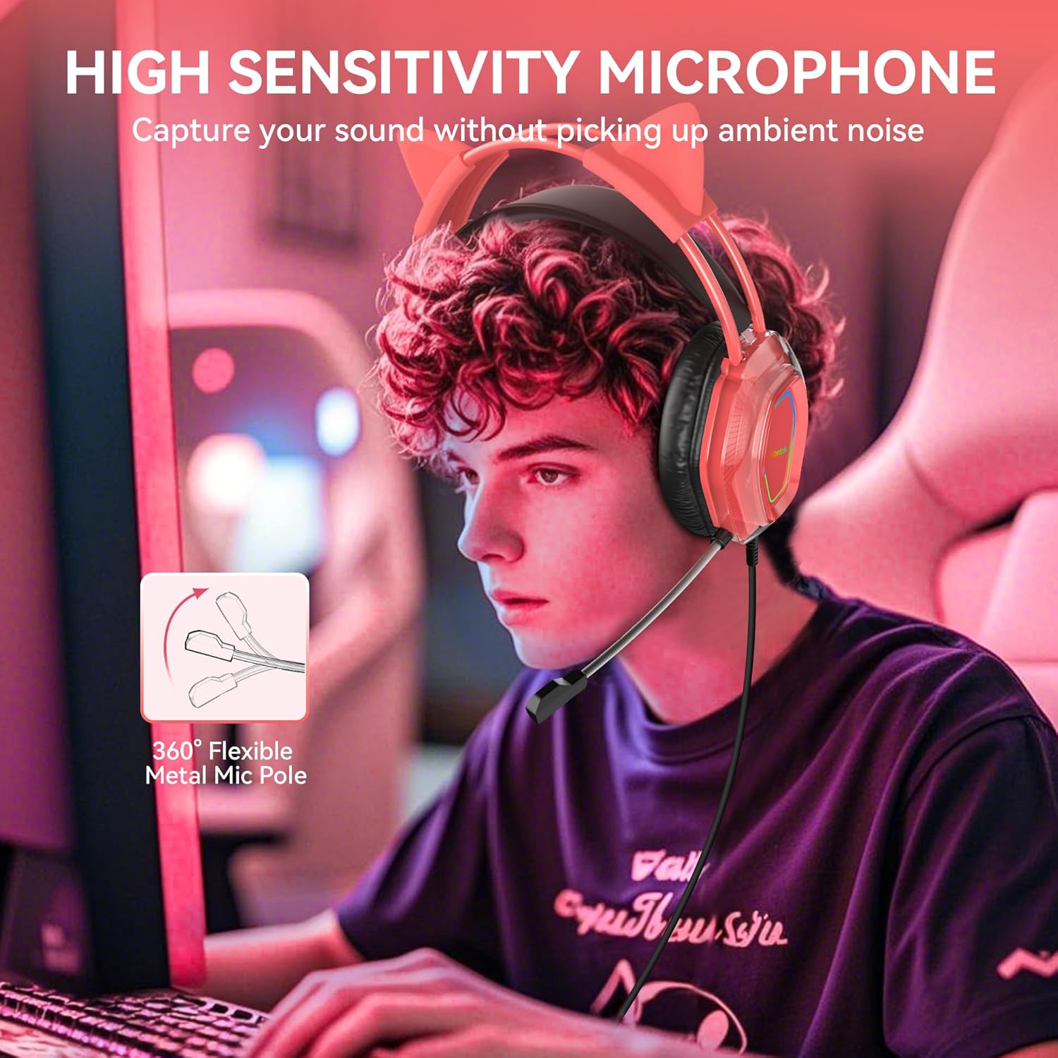 Wantek V10 Cat Ear Style Gaming Headset with comfortable fit and vibrant RGB lighting, Hi-Fi Sound - Red