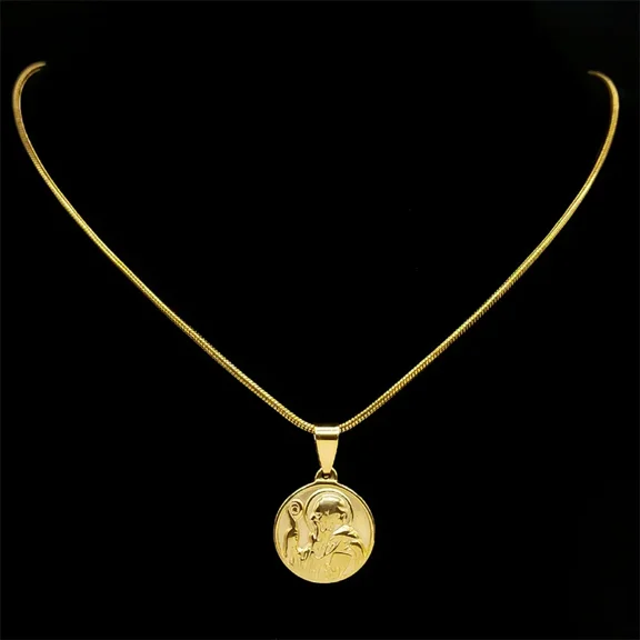 Virgin Mary Pendant Round Medal Necklace Chain for Women 14K White Gold Exquisite Religious Party Jewelry Gift