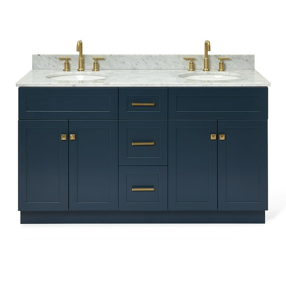 Ariel Hamlet 61 In. Double Oval Sink Vanity With 0.75 In. Carrara White Countertop In Midnight Blue