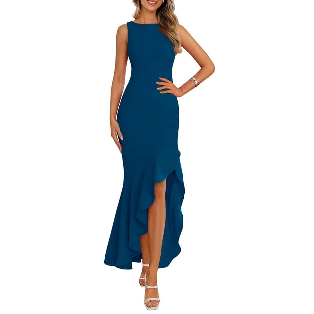 Vestido largo PRETTYGARDEN 2025 sin mangas con volantes en forma de sirena para mujer
