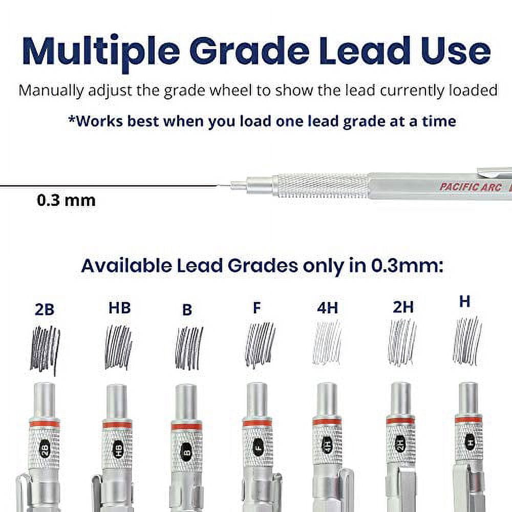 Pacific Arc - Chromograph Metal Mechanical Pencil .9 mm Silver Barrel Mechanical Pencil with Built In Adjustable Pencil Grade, Lead Pencil Holder for Drafting, Sketching, and Drawing