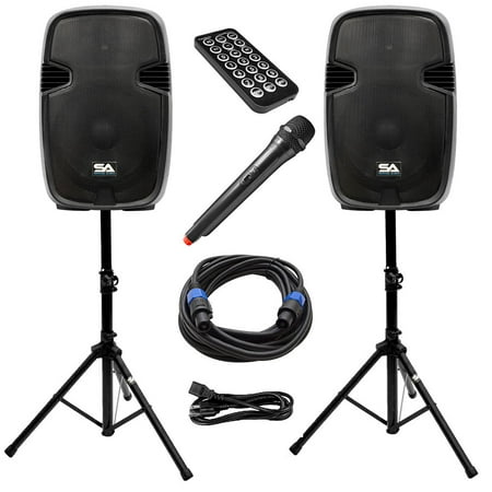 Seismic Audio Active 15 Inch PA Speaker System - Bluetooth, Wireless Mic, Stands and Cables -