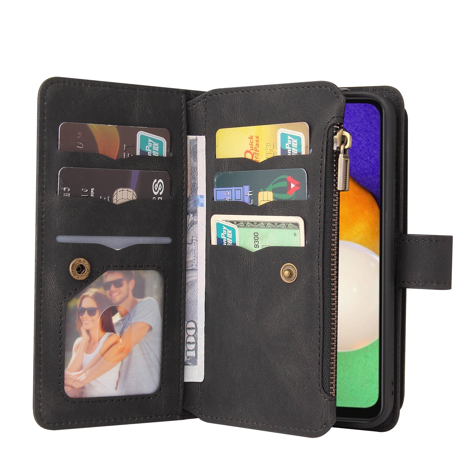 Phone Case for Samsung Galaxy S25, S25 Wallet Case, Luxury Folio Flip Leather Cover [Zipper Pocket] [Wrist Strap] [Kickstand] for Samsung Galaxy S25, Black