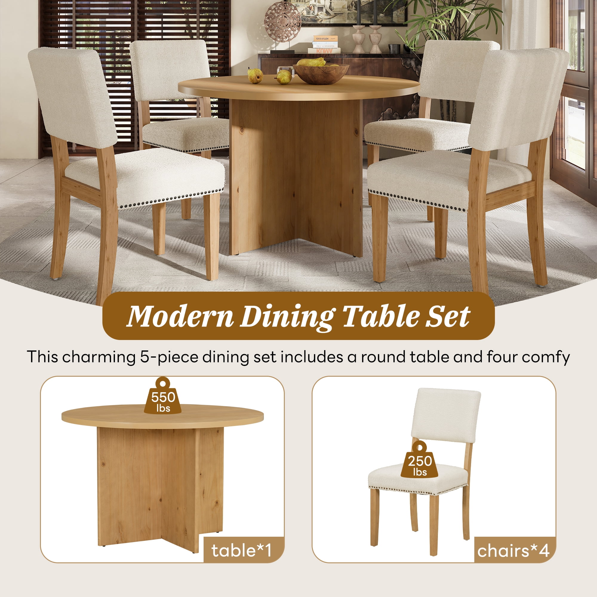 Harper & Bright Designs Modern Round Dining Table Set for 4, 5 Pieces Pedestal Kitchen Table Set with 4 Upholstered Dining Chairs for Small Place, Natural