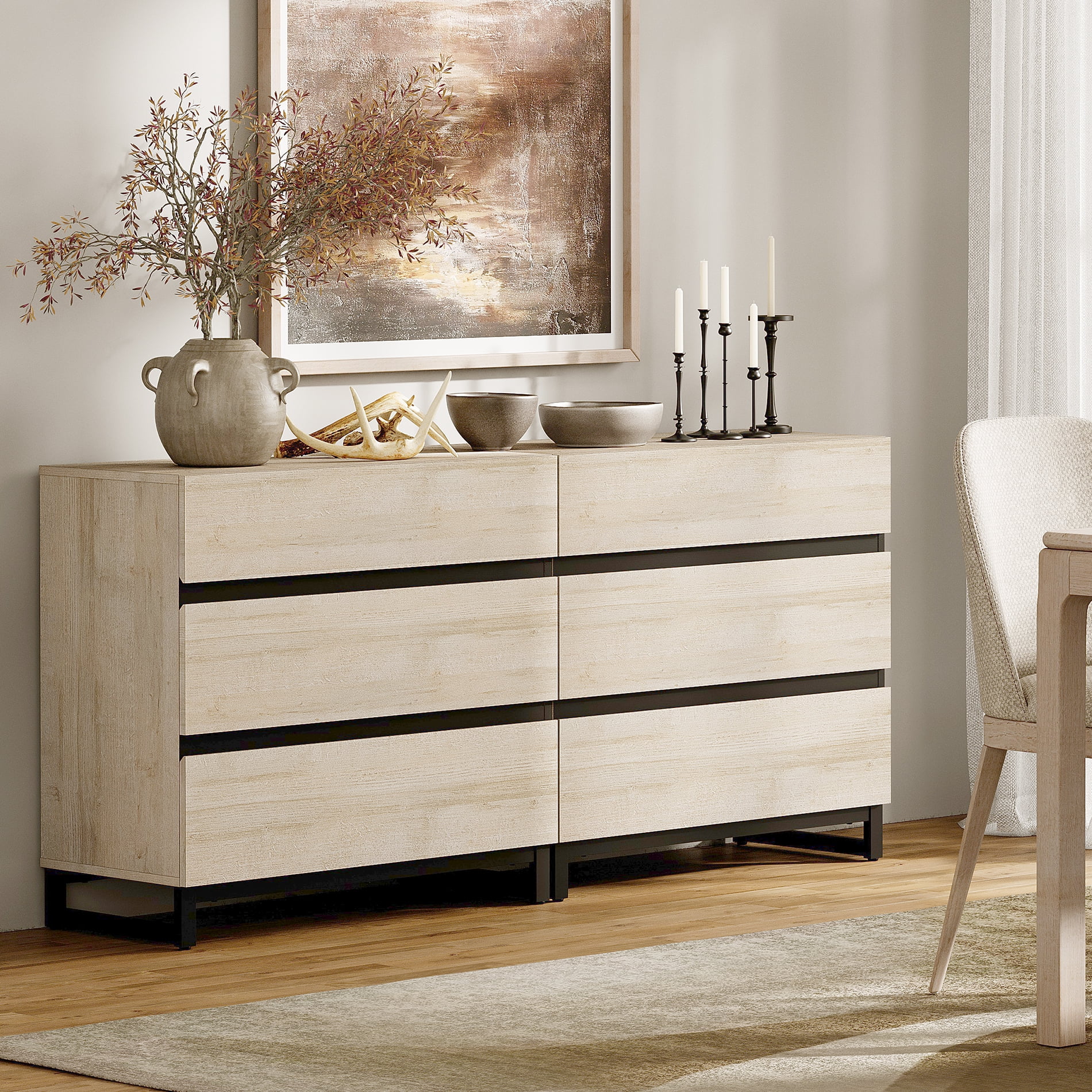 2 In 1 Multifunctional Sideboard Buffet Cabinets, Modern Sideboard With Adjustable Shelf And 6 Drawers, Coffee Bar Cabinet Storage Cabinet For Living Room, Kitchen,Beige