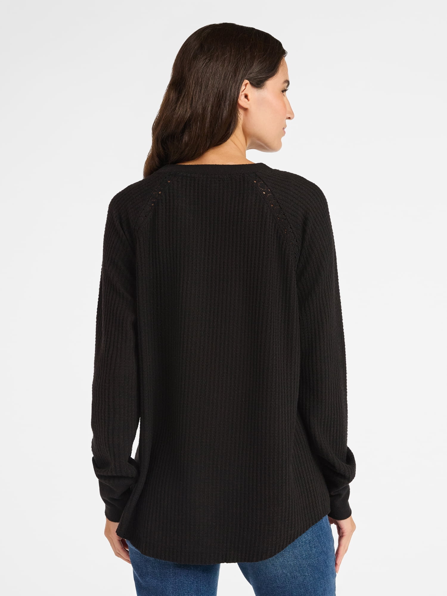 Time and Tru Women’s Notch Neck Waffle Top with Long Sleeves, Size XS-XXXL