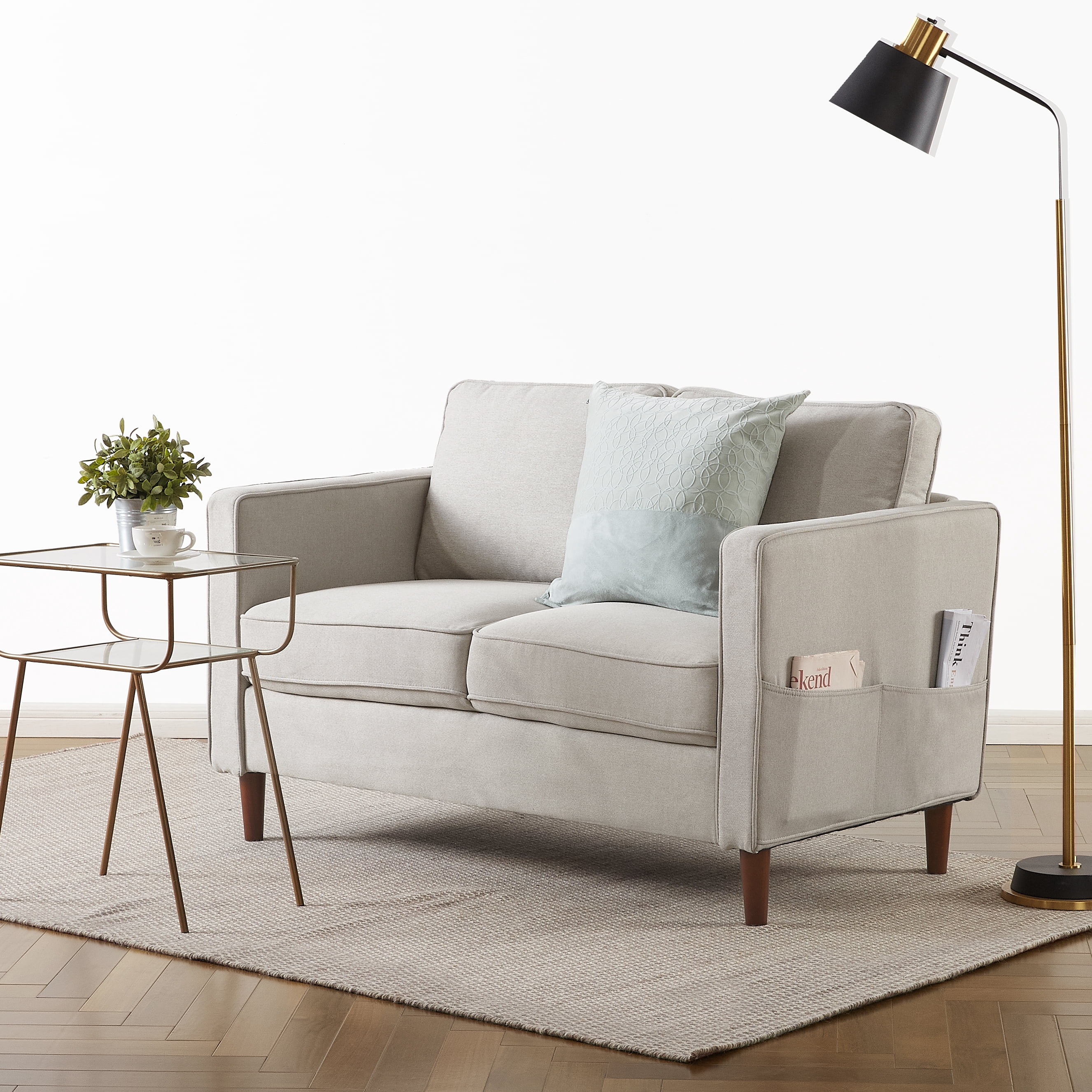 Mellow Hana Modern Fabric Loveseat with Armrest Pockets, Sand Grey Beige