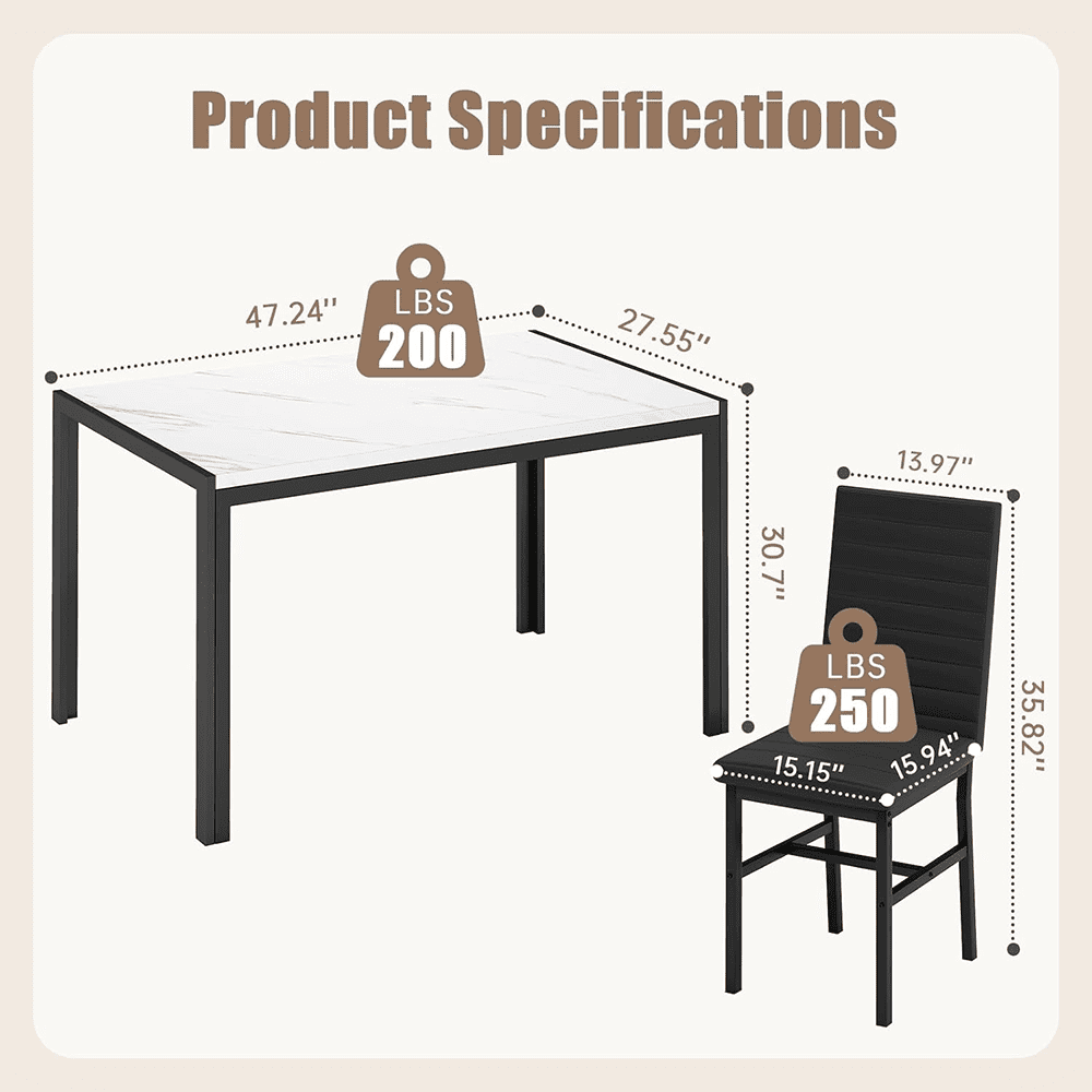 LinkRomat Dining Table Set for 4, Faux Marble Kitchen Table & 4 Black Upholstered Chairs, Modern Dinner Table Set for Dining Room, Small Spaces