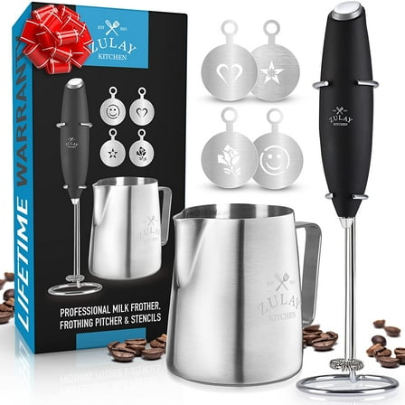 Zulay Kitchen Milk Frother Complete Set - Includes Black Frother, Stencils, and 12oz Frothing Cup