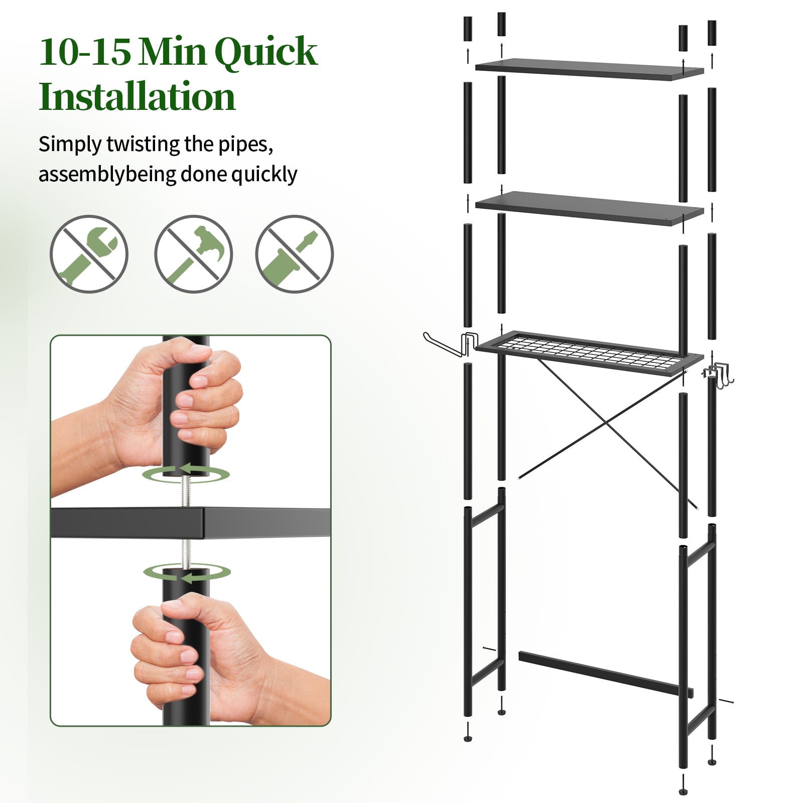 Capri 3-Shelf Over the Toilet Storage, Freestanding Wooden Bathroom Organizers and Storage Shelf, Metal Frame, Space Saver, Black