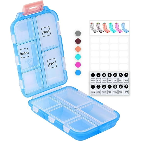 Travel Pill Organizer with 3 Types of Labels - 10 Compartments Small Fold Pill Box BPA-Free- Daily Travel Pill Case Medicine Organizer -BLUE (PACK OF 3)