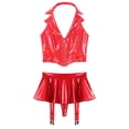 thumbnail image 5 of Conjunto de lencería de charol para mujer, ropa de discoteca con aspecto húmedo, chaleco con cremallera frontal y minifalda con volantes, tangas integradas, Clips de liga, 5 of 5