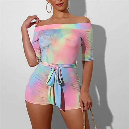 

Tawop Women Fashion Short Sleeve Casual Tie-Dye Print Off Shoulder Playsuit Jumpsuits Jumpsuits Overalls