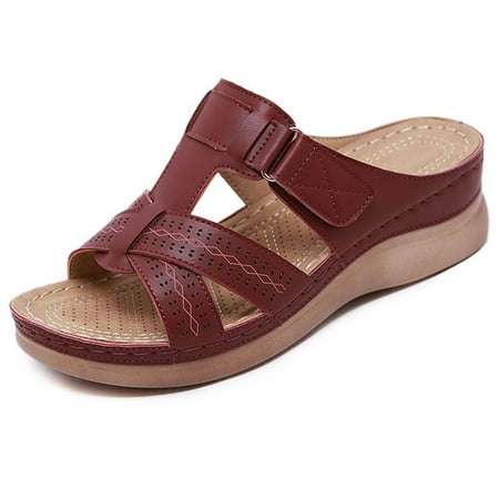 

Foraging dimple Women Wedge Sandals Orthopedic Open Toe Sandals Vintage Non-slip Casual Shoes Wine