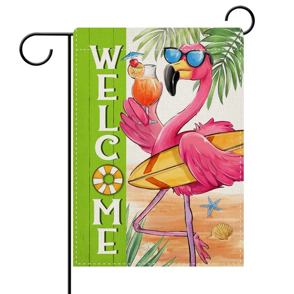 shiyou-Welcome Summer Flamingo Beach Decorative Garden Flag, Tropical Coastal Surfboard Juice Palm Leaves Yard Outside Home Decoration, Hawaii Burlap Outdoor Small Decor Double Sided 12 x 18