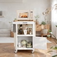 thumbnail image 6 of Rolling Kitchen Island Cart with Rubber Wood Countertop, Mobile Storage Cart Featuring Drawer, Cabinet, Shelf and Side Hooks, Compact Microwave Stand for Small Kitchen Spaces, White, 6 of 8