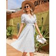 thumbnail image 3 of Women's Wrap V Neck Floral Pleated Dress Short Lantern Sleeve Belted Flowy A Line Midi Dress, 3 of 5