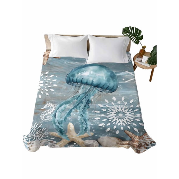 Blue Jellyfish Coastal Flat Sheets Only Twin XL Size, Soft Breathable Bed Top Sheets for Mattress, Summer Beach Nautical Starfish Coral Bedding Flat Sheets for Home Hotel Bedroom Bed Protection