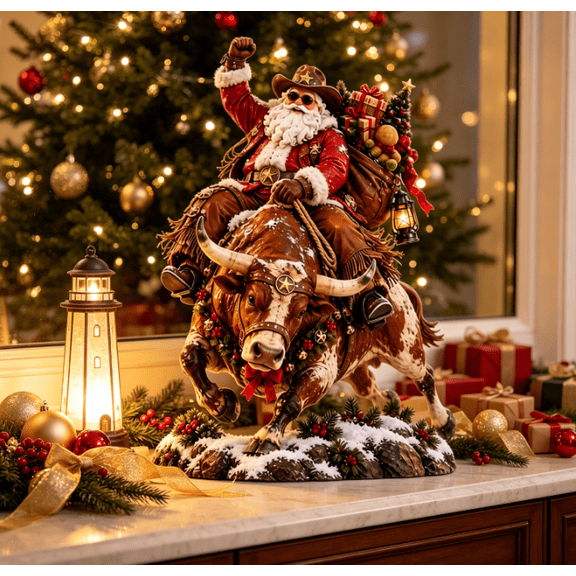 The Old West Cowboy Santa Riding Longhorn Bull Statue, Detailed Frontier Santa Ornament with Lantern for Home Christmas Table Decoration