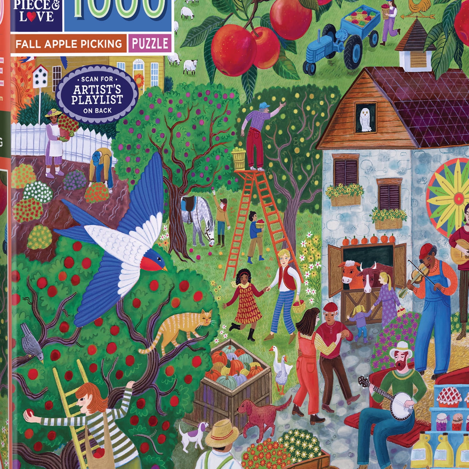 eeBoo Piece & Love: Fall Apple Picking - 1000 Piece Puzzle - 23" Square Adult Jigsaw, Cynthia Cliff's Autumn Harvest Scene, Eco-Friendly, Image Insert