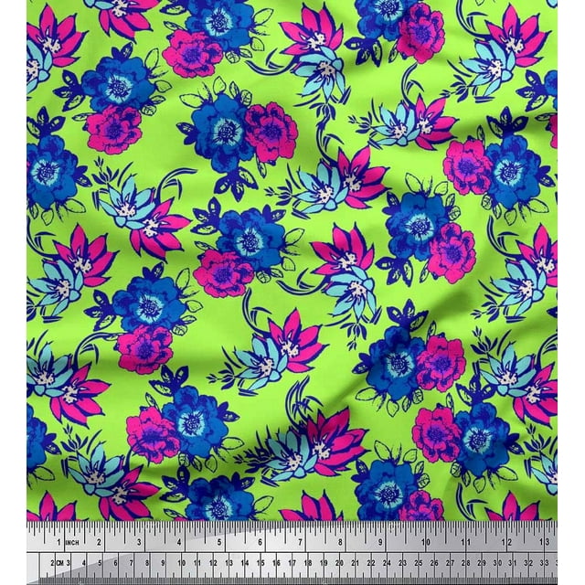 Soimoi polyester Crepe Fabric Leaves,Cosmos & Anemone Floral Print Fabric by Yard 42 Inch Wide