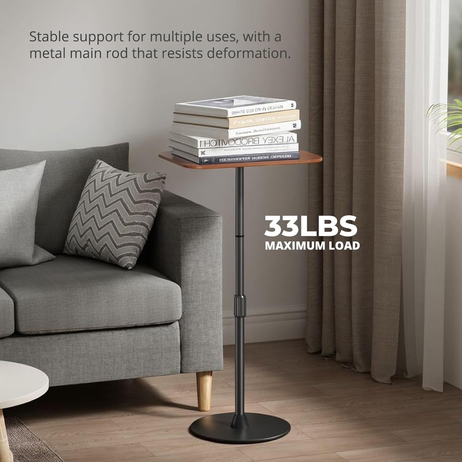 37.8" Max Height Adjustable Mobile Table, Metal Base Wooden Top Laptop Floor Stand, Portable Standing Bedside Sofa Desk for Home Office Use