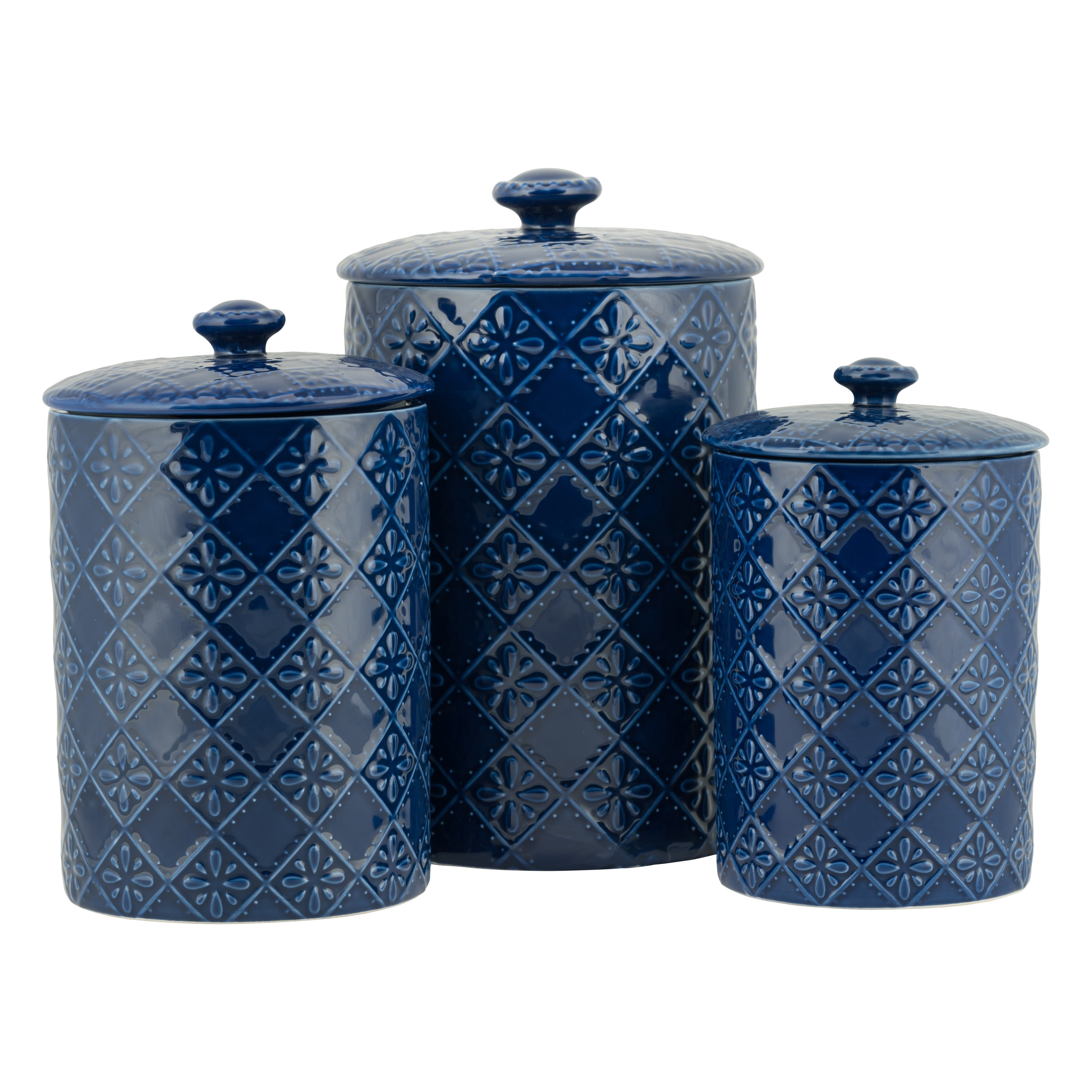 10 Strawberry Street Mesa Embossed 3 Piece Ceramic Canister Set, Cobalt