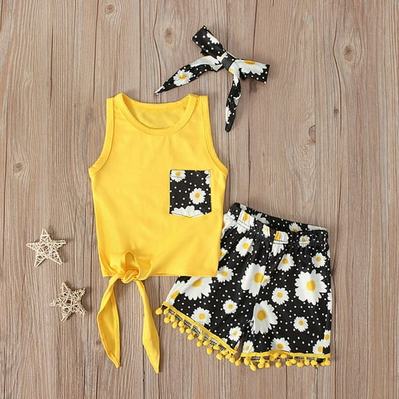 Nrmvnmi Toddler Kids Baby Girls Clothes Summer Girls Clothing Sets Round Neck Sleeveless Yellow T-shirt Sunflower Print Shorts Headband 3Pieces Sets