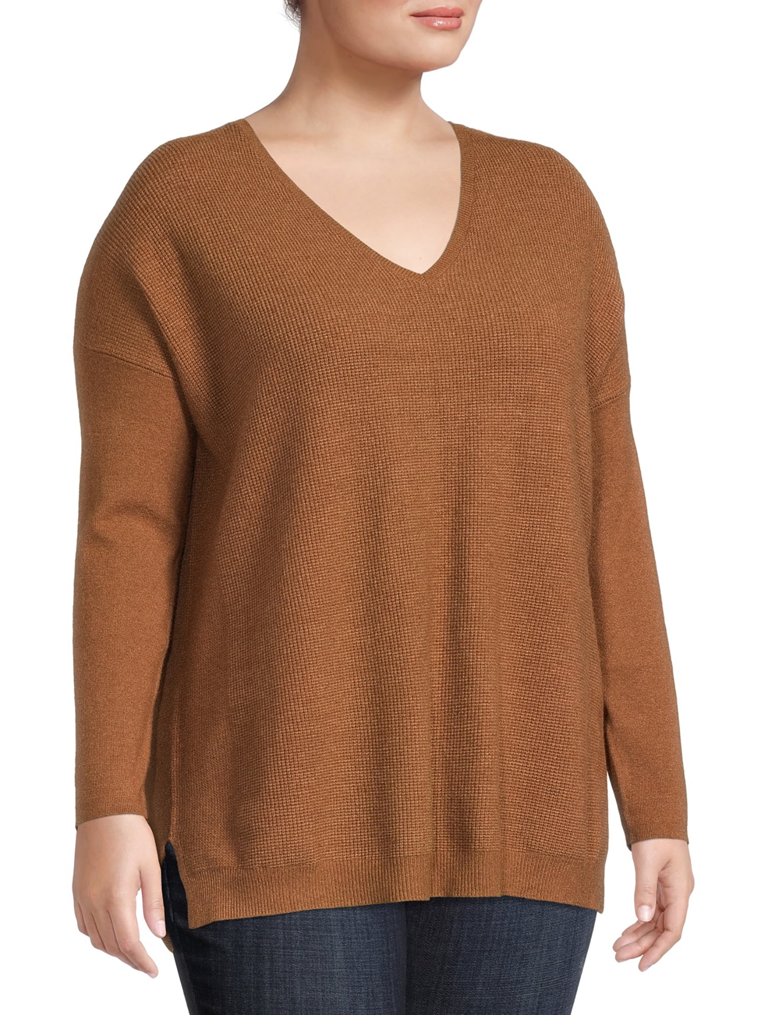 Terra & Sky Women's Plus Size Brushed V-Neck Sweater, Lightweight