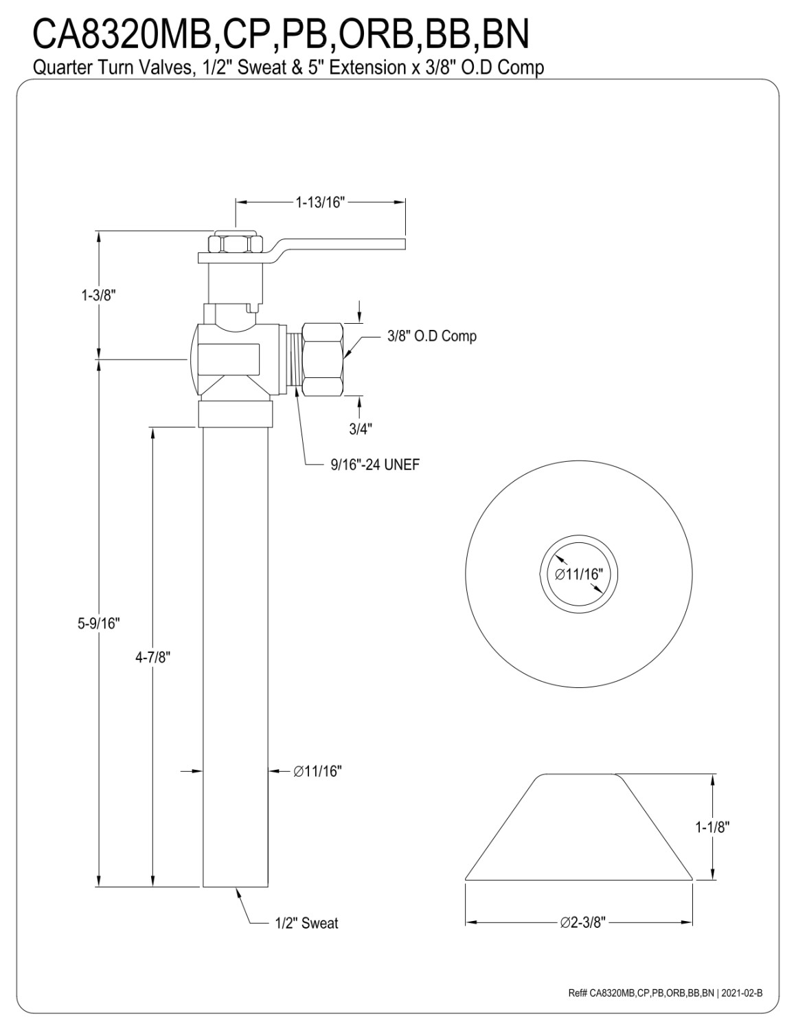 Kingston Brass CA8320BB 1/2" Sweat x 3/8" OD Comp Angle Shut Off Valve with 5" Extension, Brushed Brass