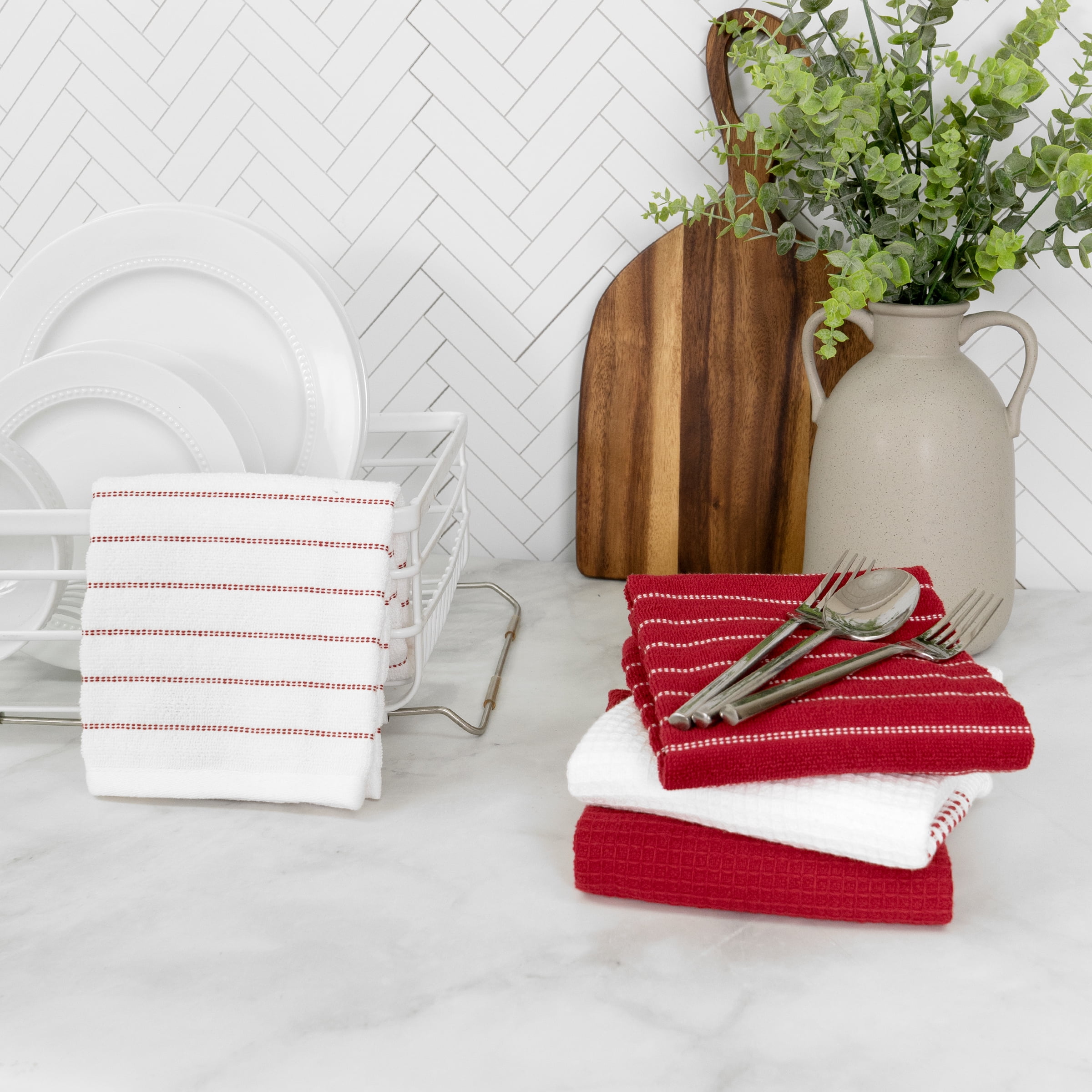 All-Clad Skipping Stripe & Wave Kitchen Towels, 4-Pack, Chili